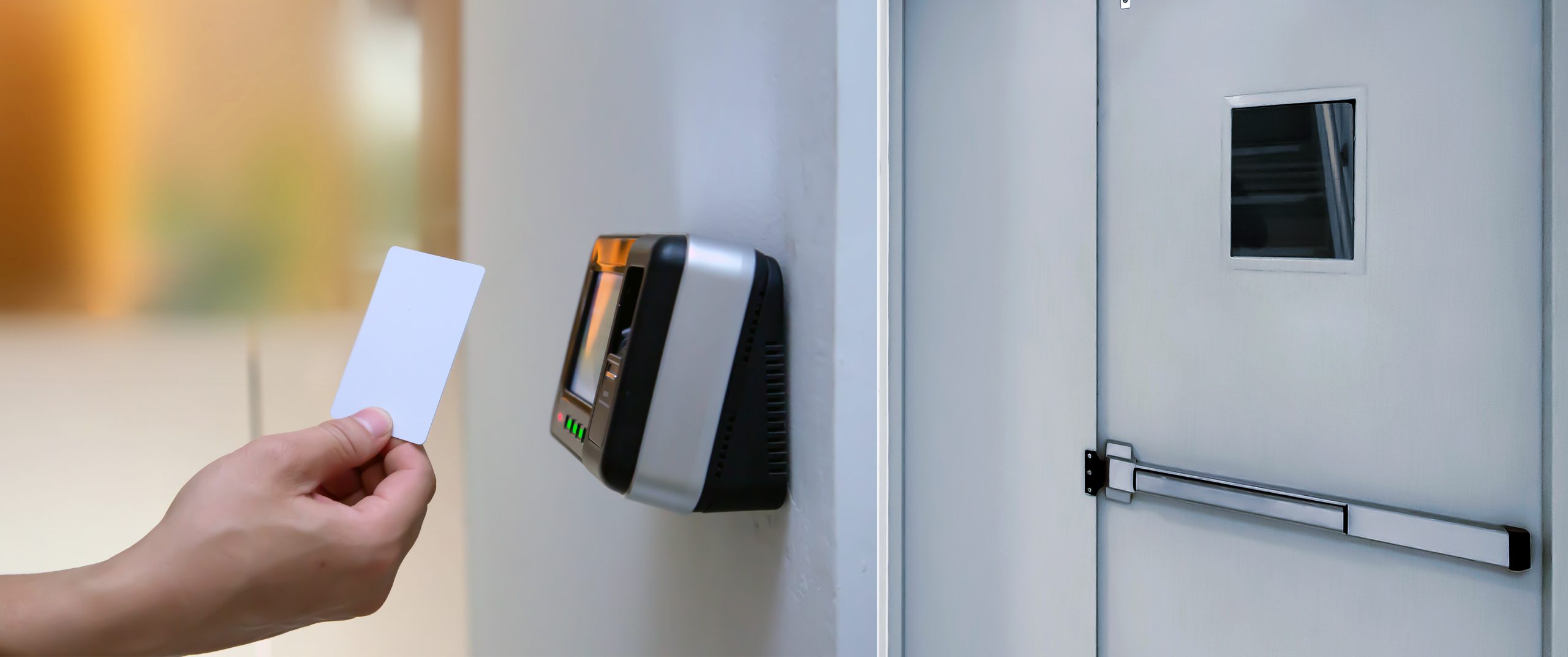 Proximity card reader door unlock, Close up hand of security using ID card to scanning at the access control system for identity verification to open the door exit or fire escape or check attendance. Proximity card reader door unlock, Close up hand of security man using ID card to scanning at the access control system for identity verification to open the door exit or fire escape or check attendance.